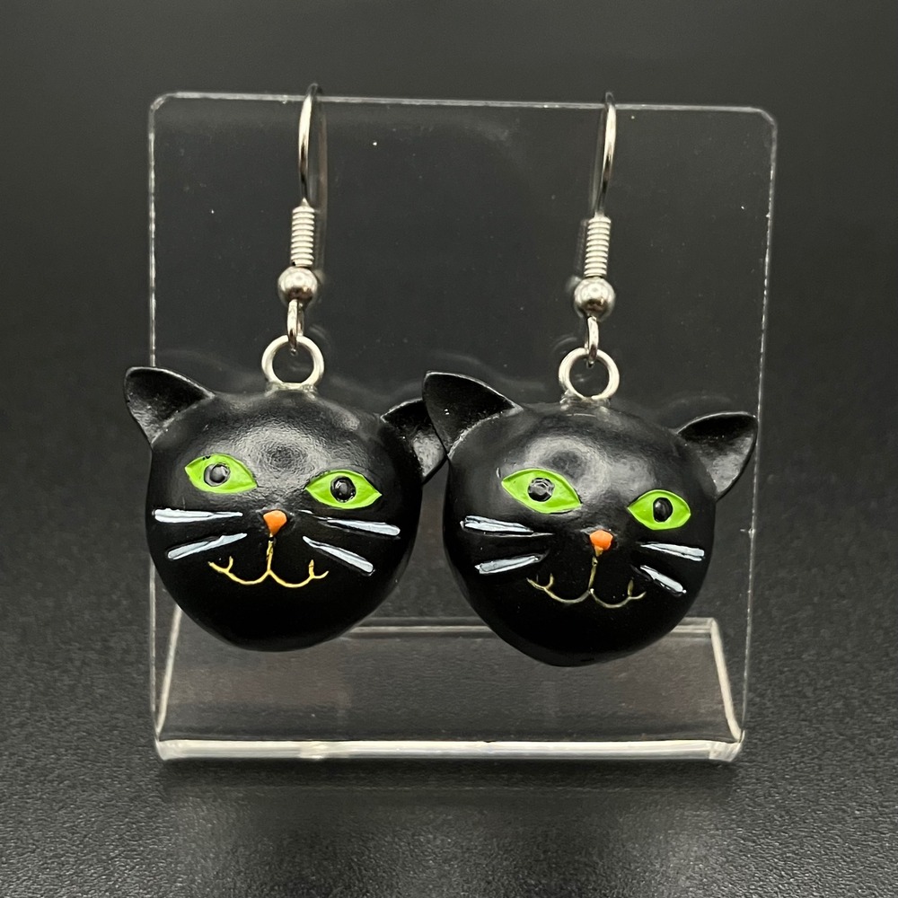 Cat Dangle Earrings Black Resin Whimsical Painted Feline Jewelry Halloween